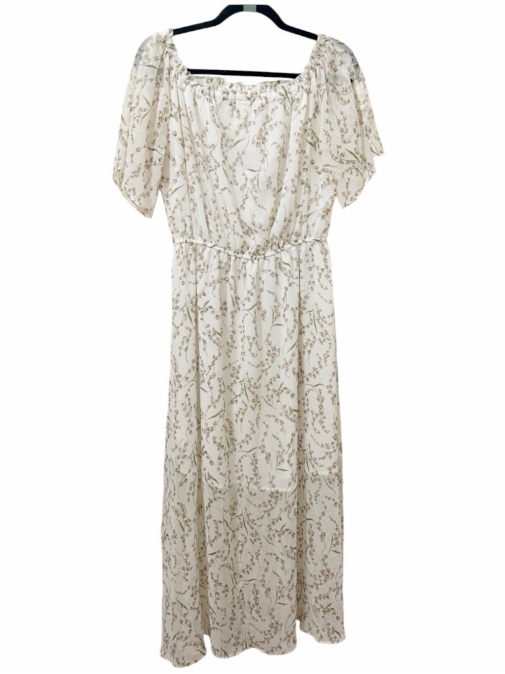 KorMei Chiffon White Floral Print Dress with Green Accents